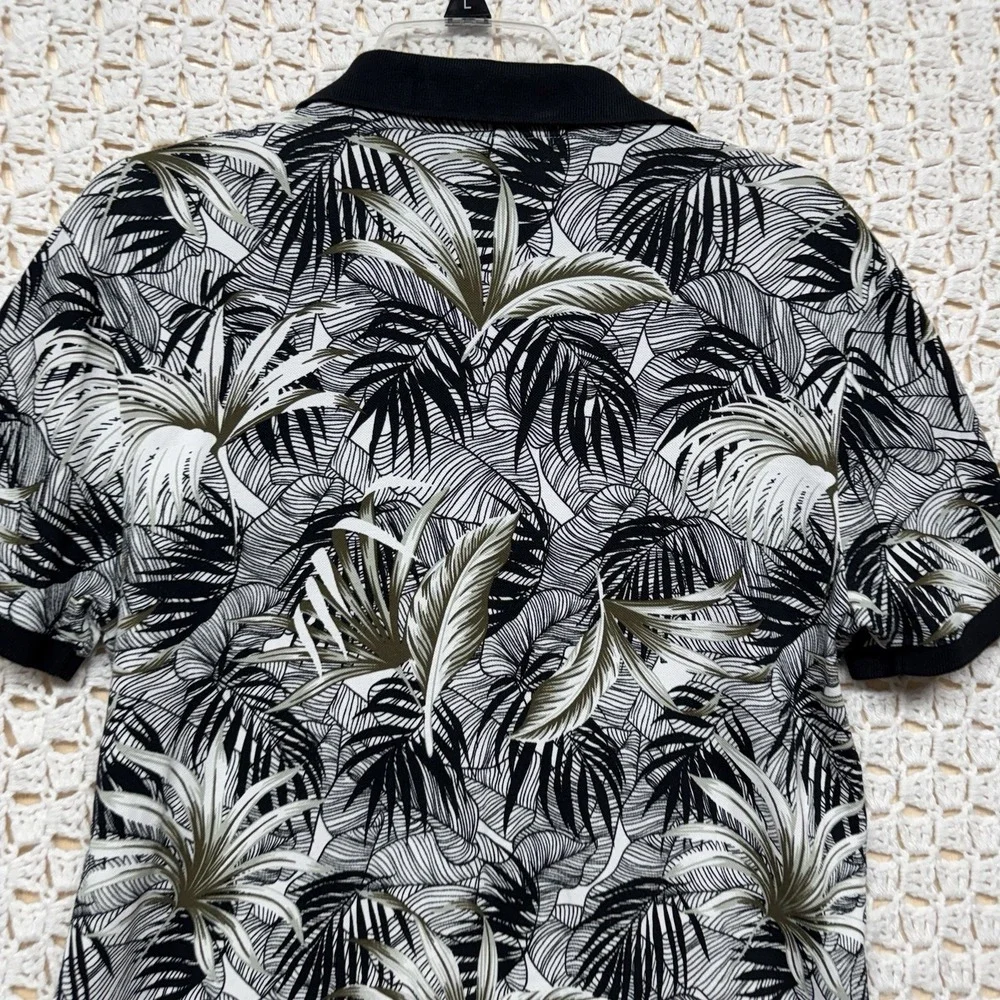 Banana Republic Polo Shirt Mens M Black White Short Sleeve Nature Leaf Print